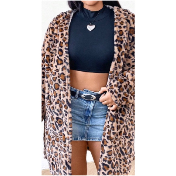 Jackets & Blazers - Plus Leopard Print Vegan Fur Open Front Pockets Hoodie Jacket Coat
